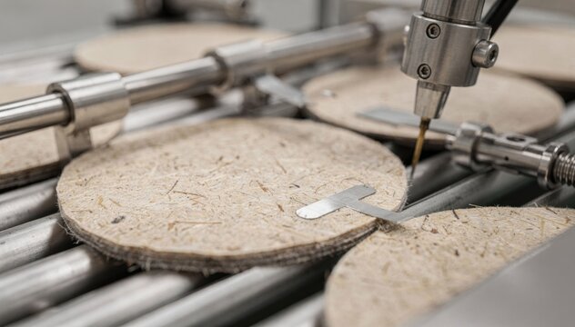 Closeup of a manufacturing line producing biodegradable electrode pads with plantbased backing highlighting ecofriendly material processing and assembly.