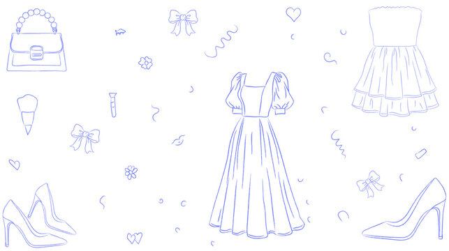 A hand-drawn blue outline illustration featuring feminine fashion accessories including dresses, handbags, high heels, bows, and delicate floral motifs scattered across a clean white background