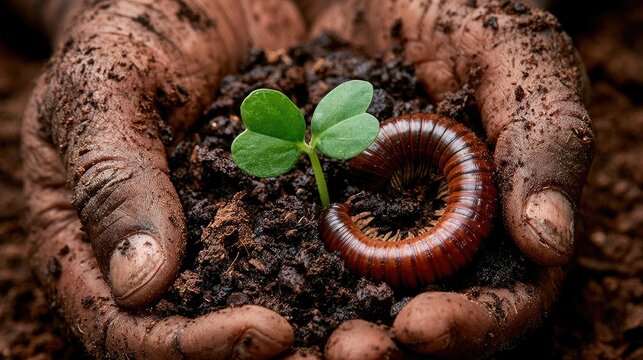 Close-up of hands holding soil with young plant and millipede in rich earth environment