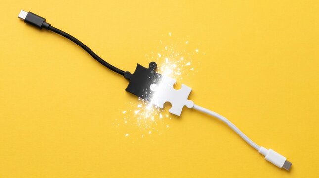Connecting puzzle pieces with usb c cables on yellow background