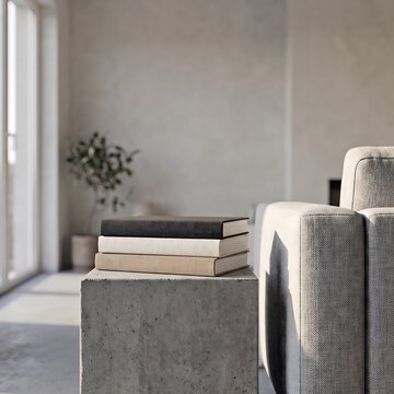 Stack of books on concrete pedestal beside sofa
