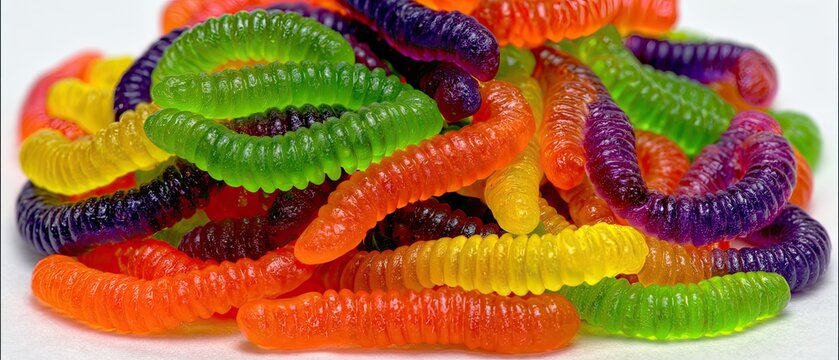 Mass of glossy gummy worms in vibrant colors layered in random pile with bright lighting and shiny texture
