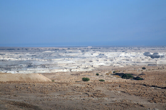 Waterless landscape of the Judea desert, view from Masada towards the Dead Sea, Israel