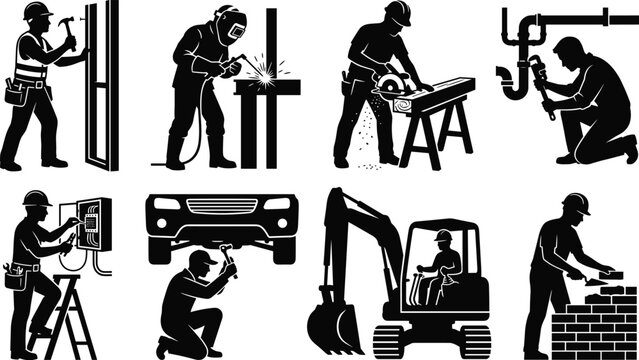 Construction workers and tradesman silhouettes set featuring carpenter welder plumber electrician mechanic excavator operator and bricklayer vector icons