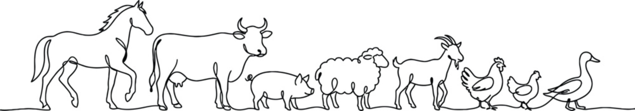 Minimalist single line drawing of farm animals including horse cow pig sheep goat chicken and duck
