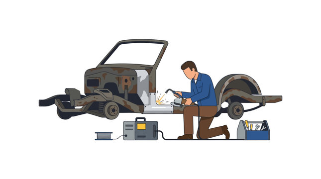 Mechanic Welding Vintage Car Chassis Restoration