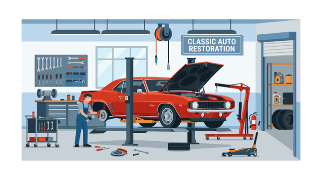 Mechanic working on classic car restoration in auto repair shop