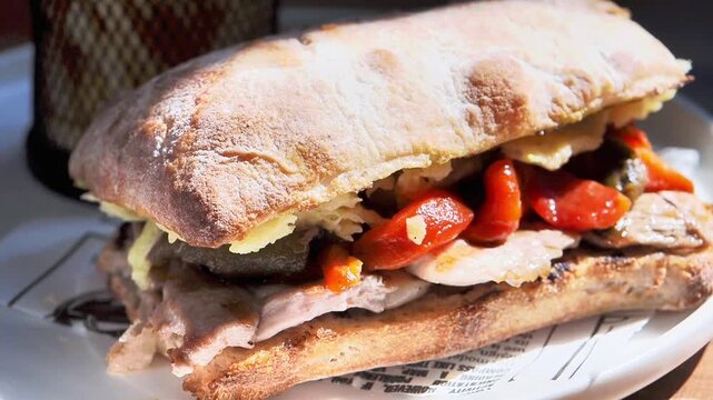 Crunchy bread holds tender meat and vibrant tomatoes