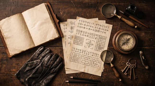 Vintage spy investigation desk with secret codes, magnifying glass and gloves