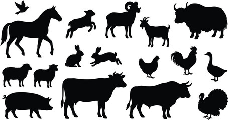 Obraz premium Collection of black farm animal silhouettes including livestock poultry and domesticated mammals on white background