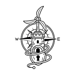 Vintage nautical compass and lighthouse tower vector, black and white maritime navigation emblem, medieval castle turret with wind turbine and keyhole © emdad