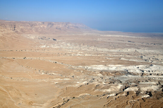 Waterless landscape of the Judea desert, view from Masada towards the Dead Sea, Israel