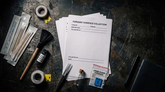 Forensic evidence collection log and field investigation tools on dark workspace