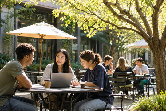 College friends study and talk around an outdoor courtyard table with laptops, notebooks, and coffee beneath leafy trees and caf&eacute; umbrellas.