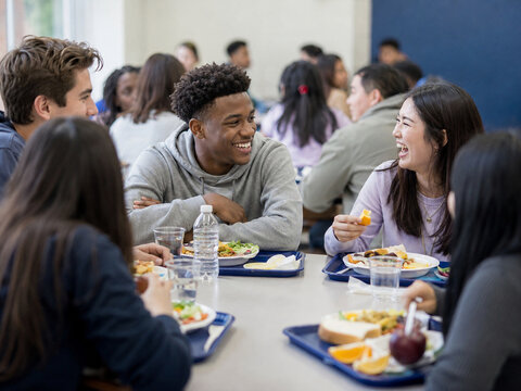 Diverse high school students laugh and share lunch around a cafeteria table with trays, healthy food, drinks, and a busy social background.