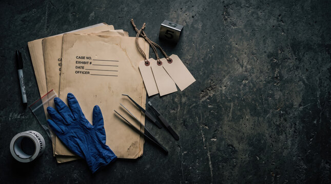 Forensic case files and evidence tags on a dark textured metal background