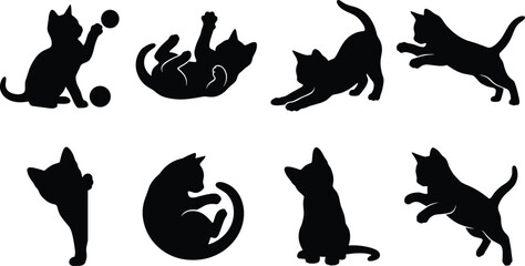 Playful kitten and cat silhouettes vector set featuring felines jumping stretching sleeping and playing icons isolated on white background © Alif