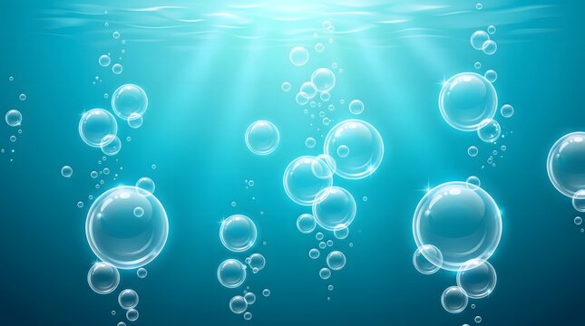 Bubbles floating in turquoise water. Underwater air bubbles rising.