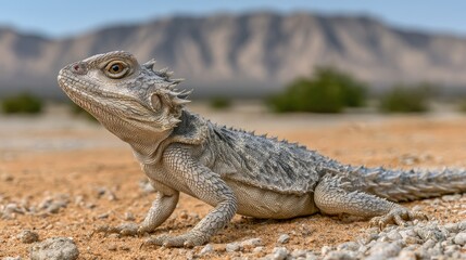 Fototapeta premium Spiny lizard stands on sandy terrain with pebbles in a desert landscape under a pale blue sky and distant mountains