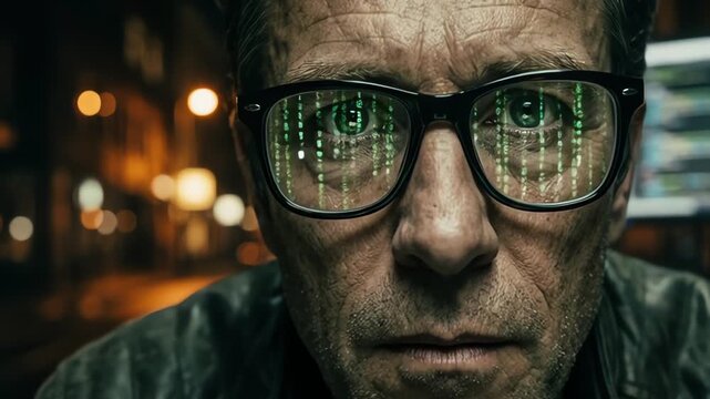 Man with glasses reflecting falling green matrix digital code