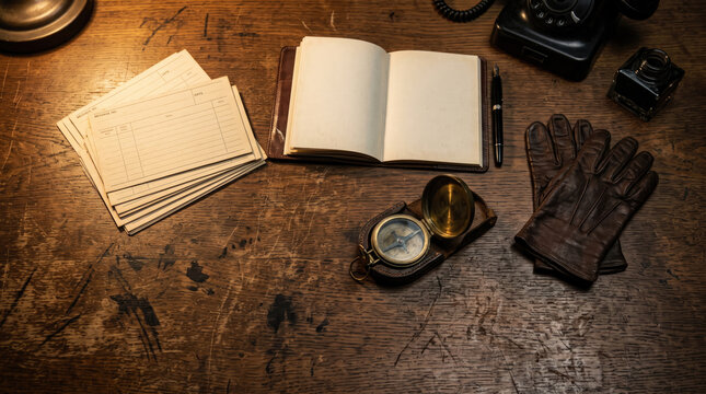 Top view of a 1940s intelligence desk with leather gloves and secret notebook