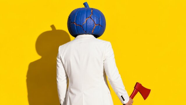 Man in white suit with blue cracked pumpkin head holding red axe, facing away on yellow background