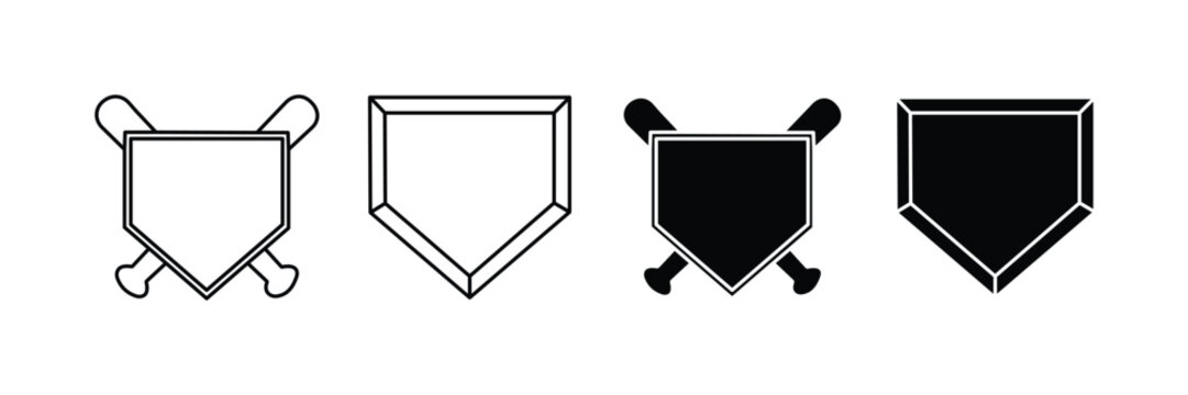 Baseball Home Plate and Crossed Bats Vector Icon Set, Sports Shield Outline and Silhouette Collection for Baseball Team, League, Tournament and Athletic Logo Design Isolated on White Background