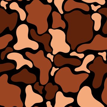 Trendy cow print seamless pattern with brown and beige animal spots on black background