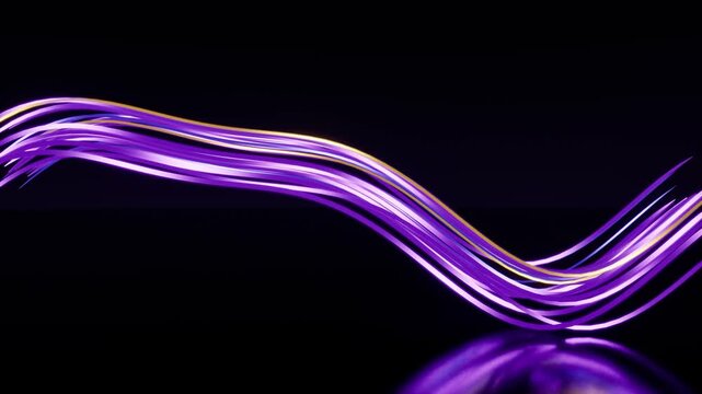 Purple glowing wavy lines with golden streaks flowing on black background dynamic energy motion abstract waves. 3d rendering