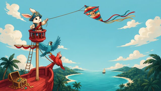Rabbit pirate standing on a ship mast flies a kite above a tropical island with a treasure chest of gold coins.