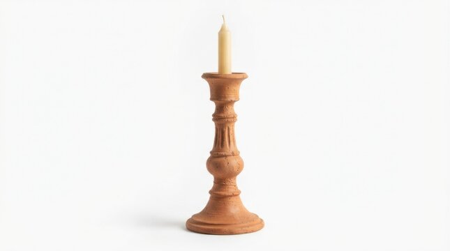 Rustic terracotta candle holder with simple unscented wax candle isolated on white background
