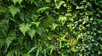 Fototapeta premium Lush Tropical Green Foliage Wall with Ferns, Moss, and Ivy – Natural Botanical Background