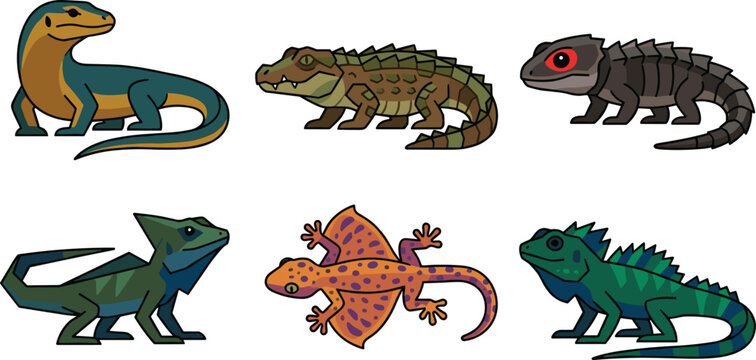  Cartoon exotic reptile and alligator vector set with cute colorful lizard characters isolated on white background