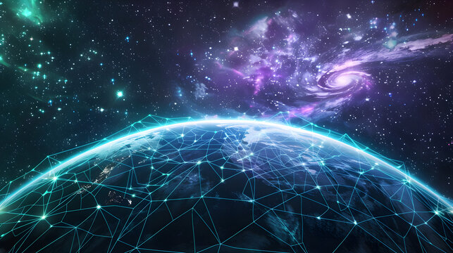 Global Cyber Network Connections with Purple Nebula and Galaxy Deep Space Background