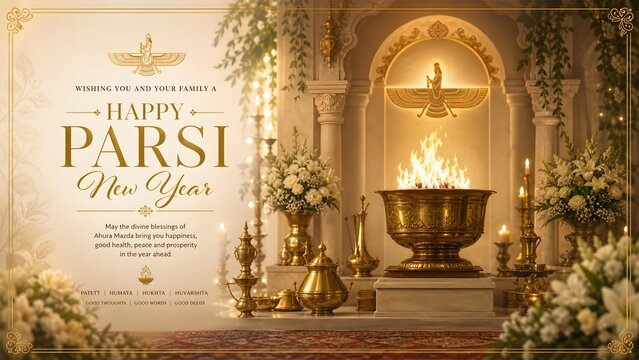 Luxury Parsi New Year Banner with Illuminated Sacred Fire Chalice in Temple for Navroz Celebration