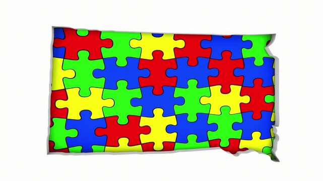 South Dakota SD State Map Autism Puzzle Pieces Awareness Autistic Symbol Spectrum 3d Animation