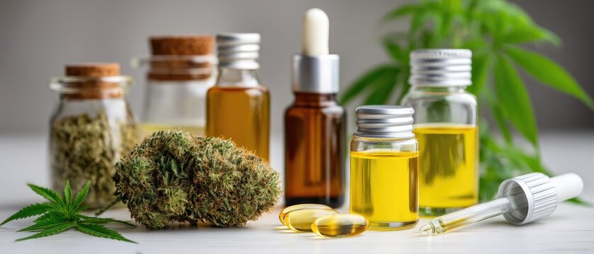 Various cannabis derivatives arranged on a white backdrop with dried bud, gel capsules, oils, and fresh hemp leaves in a studio shot