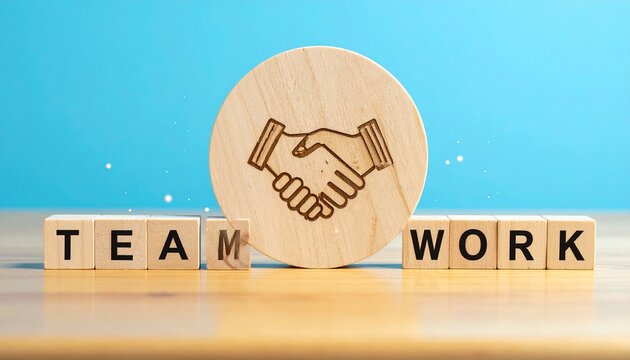 Wooden Blocks Spelling Teamwork with Handshake &ndash; Collaboration Visual for Editorial, Lifestyle, or Unity Branding Themes