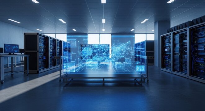 Modern data center with server racks and glass walls