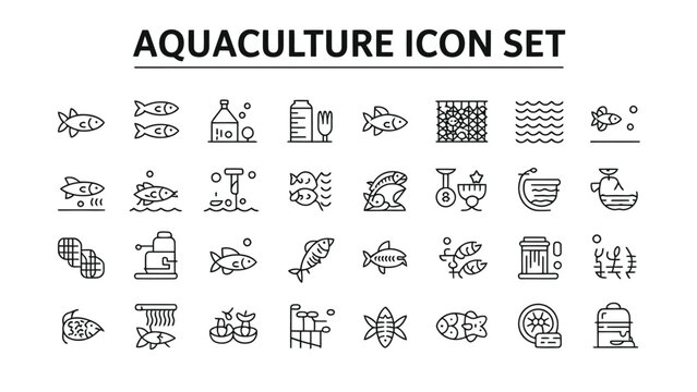 Aquaculture icons set including fish farming seafood and aquatic elements for design use  various black line icons on white background
