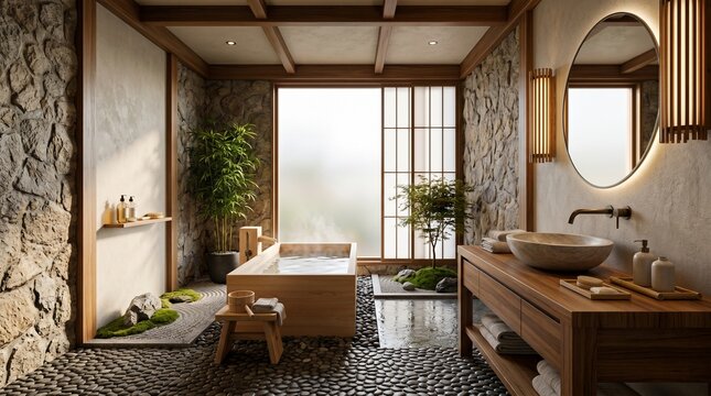Serene Japanese Zen Inspired Spa Bathroom Featuring Natural Stone Walls Wooden Bathtub and Minimalist Interior Decor Elements