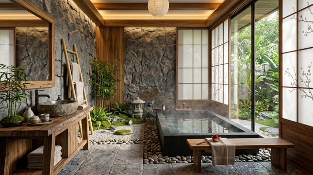 Luxurious Japanese-style bathroom featuring a deep soaking tub, natural stone, warm wood, and a serene garden view through shoji screens, embodying relaxation