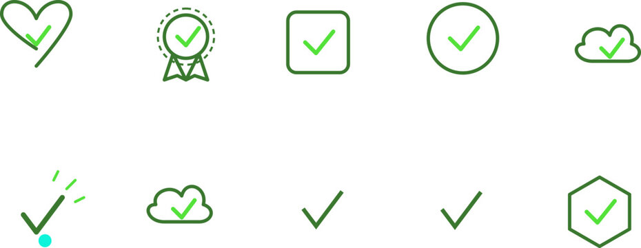 Set of green check mark icons in diverse geometric shapes and styles for web ui design and user interface task completion.