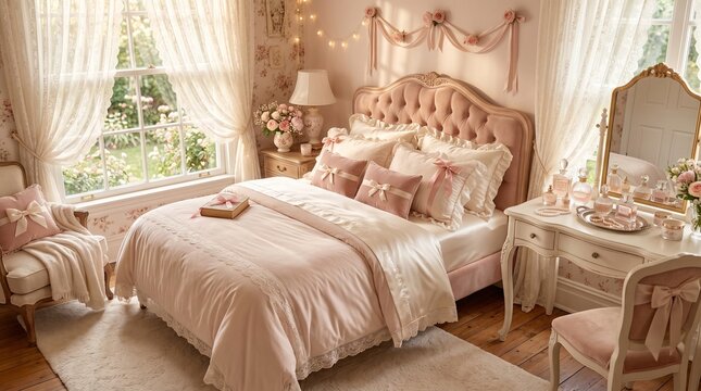 Elegant Romantic Bedroom Interior Featuring Soft Pastel Pink Decor and Classic French Country Style Furnishings