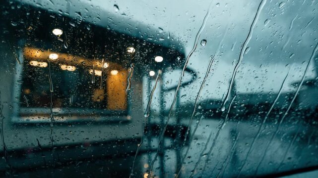 Rain droplets on the windshield of a car at a driveup banking lane teller window in sharp focus with pneumatic tube visible rest of the scene blurred for a moody effect.