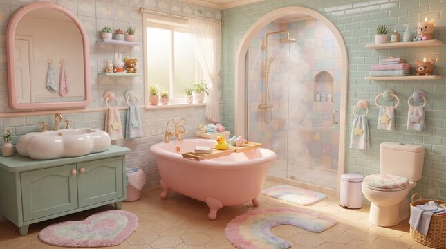 Whimsical pastel pink and mint green bathroom interior design with a charming vintage clawfoot tub, double sink vanity, and playful decor, creating a serene and inviting atmosphere