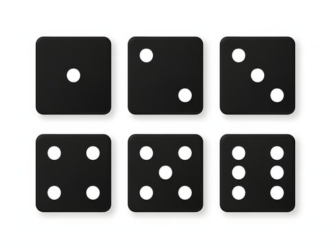 Black dice faces with white dots showing numbers one to six for games and probability, isolated on white background