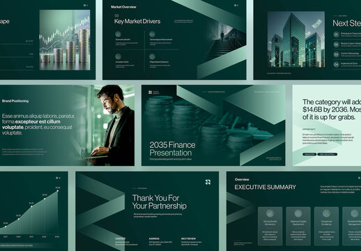 Finance Banking Presentation Template for Financial Services & Fintech Startup Investor Deal Decks with Premium Dark Green Hues