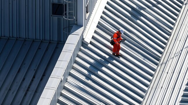 Technicien en combinaison orange inspecte une toiture m&eacute;tallique