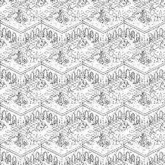 Fototapeta premium Hand-drawn fineliner seamless pattern of a fairytale dungeon map with heroes and a slime boss. Line art style. Perfect for indie game assets, geek merchandise, TTRPG maps, packaging, and textiles.